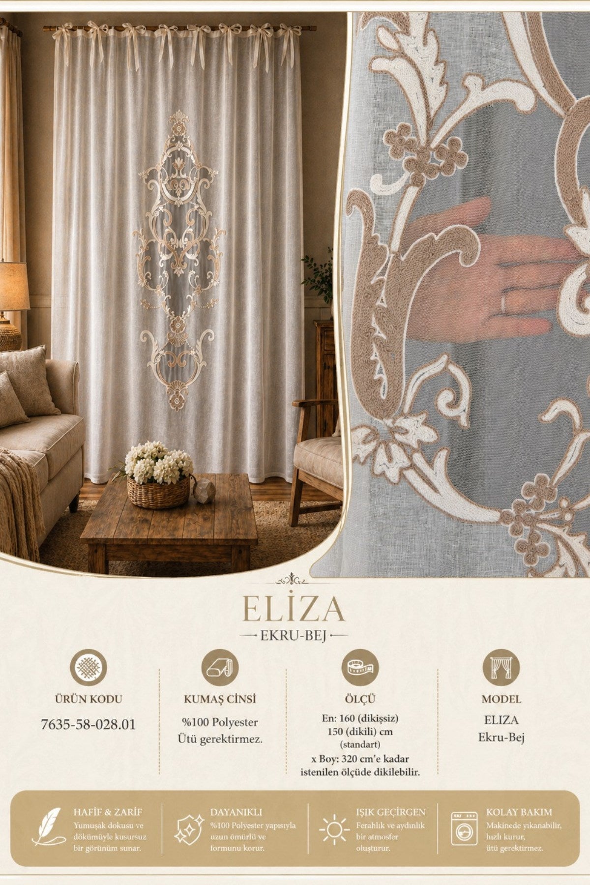 Eliza Keten Görünümlü Nakışlı Panel Perde 7635-58-392