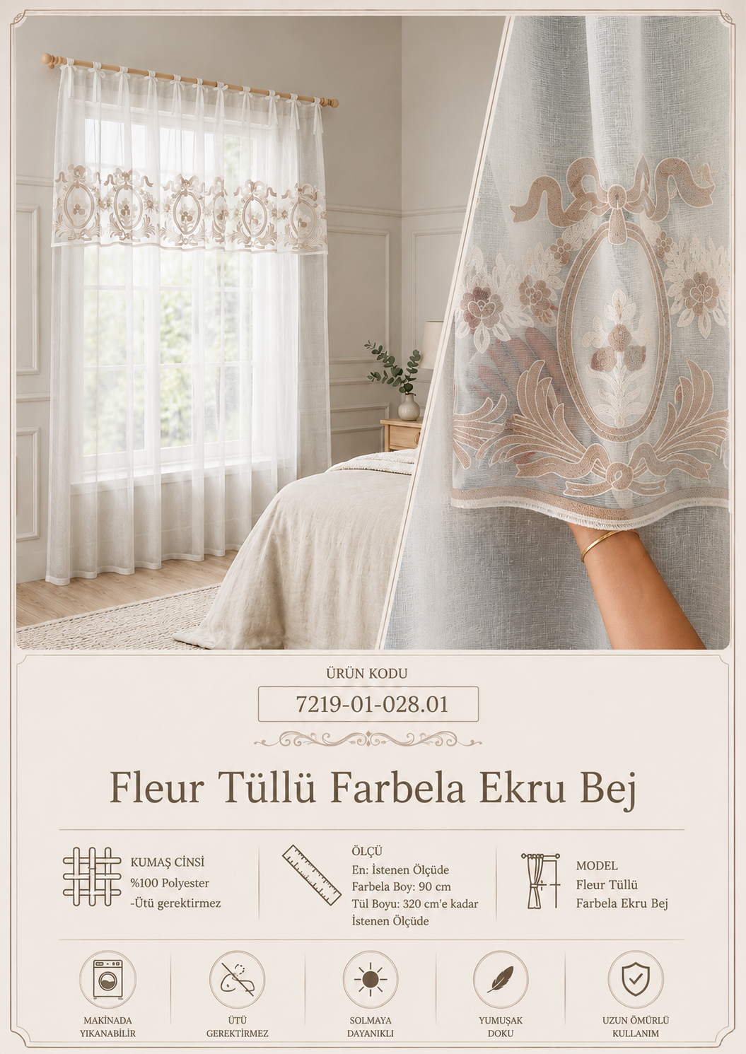 Fleur Tüllü Farbela Keten Görünümlü Tül Perde - Bej/Ekru