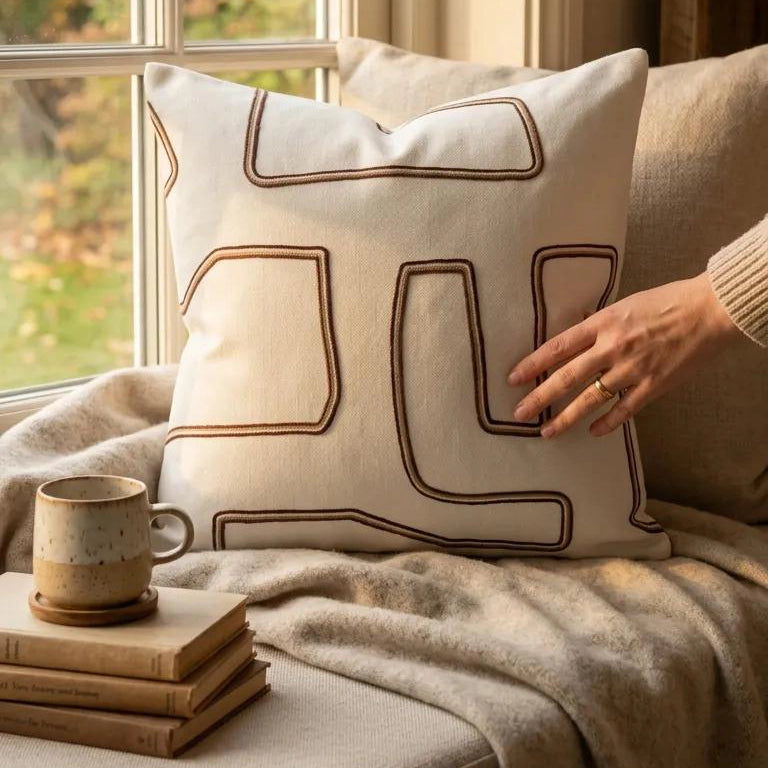 Contour Ekru Kahve Nakışlı Kırlent Kılıfı