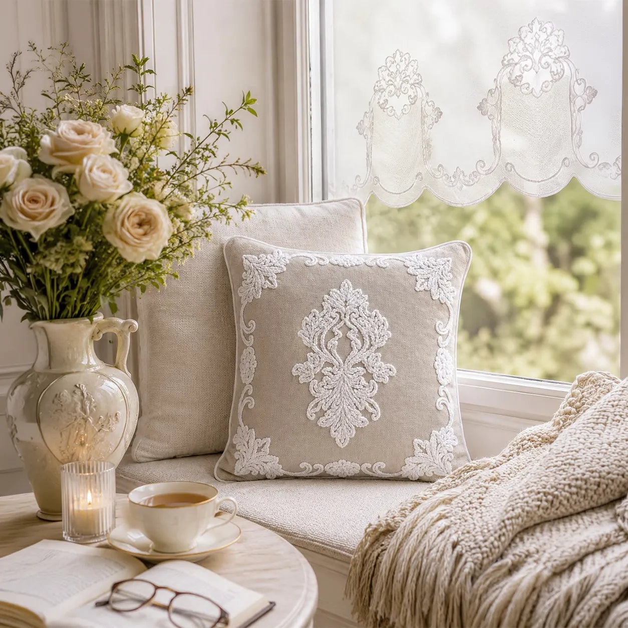 Damask Ekru Şönil Nakışlı Kırlent Kılıfı