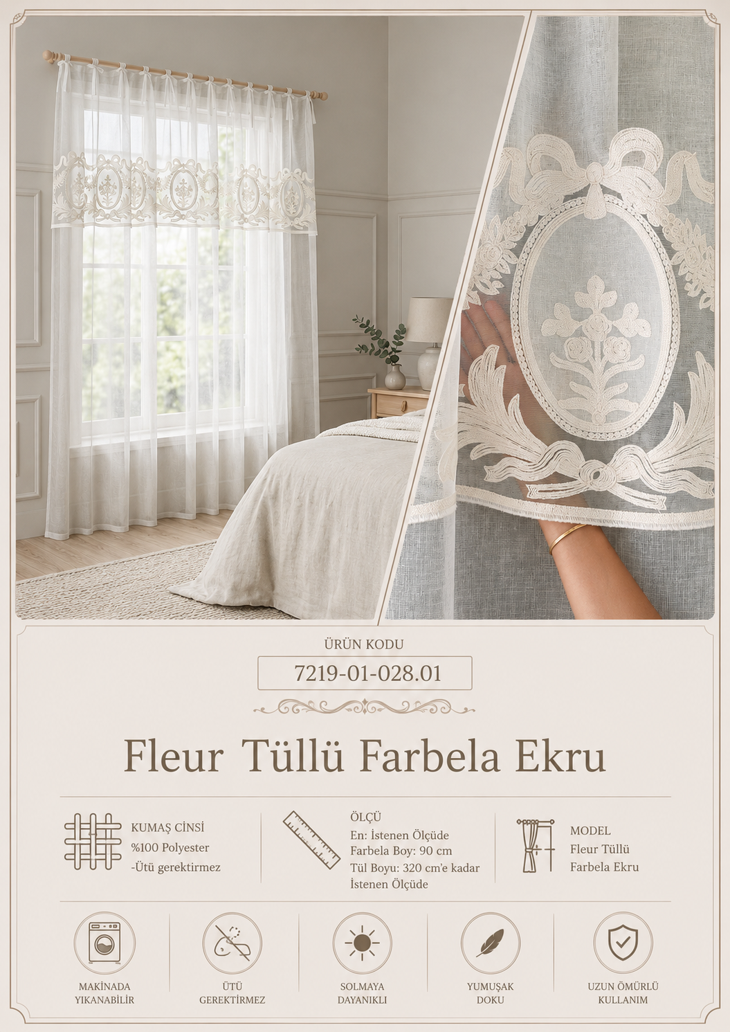 Fleur Tüllü Farbela Keten Görünümlü Tül Perde - Ekru