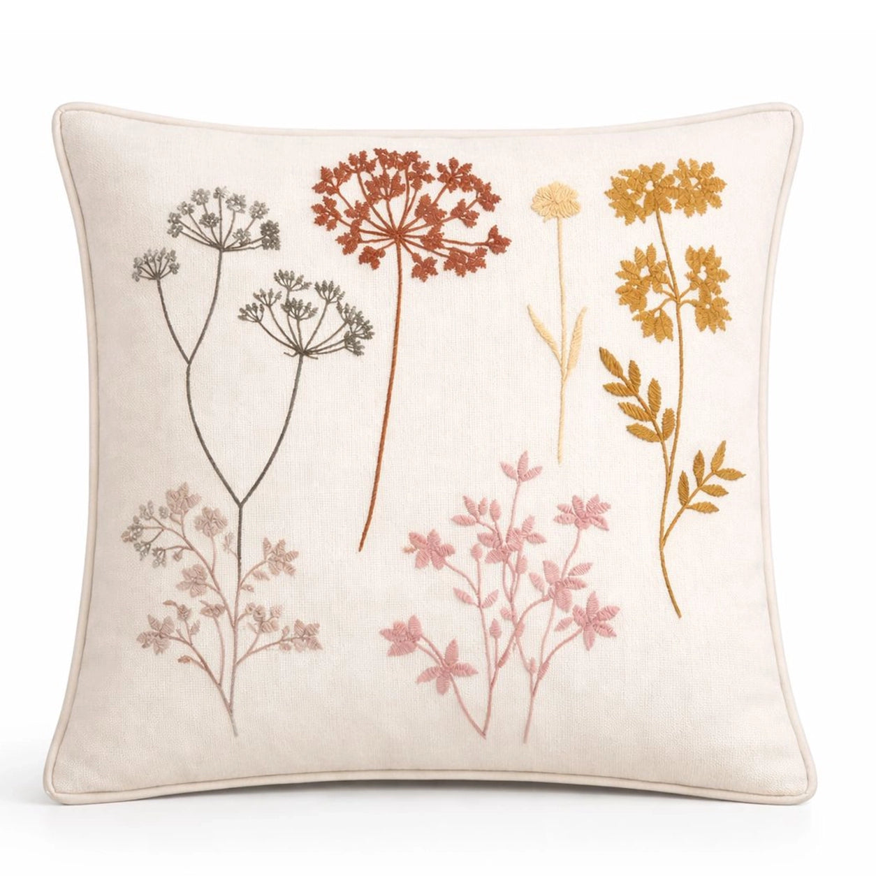 Flora Ekru Pembe Çiçek Nakışlı Kırlent Kılıfı