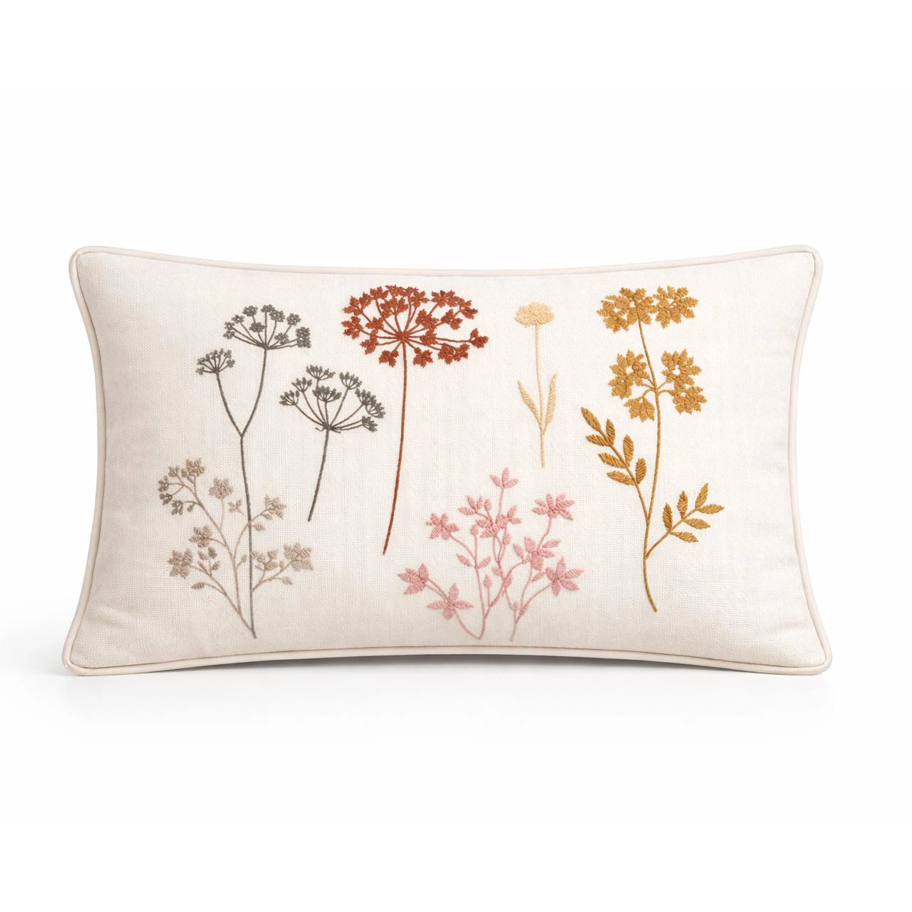 Flora Ekru Pembe Çiçek Nakışlı Kırlent Kılıfı