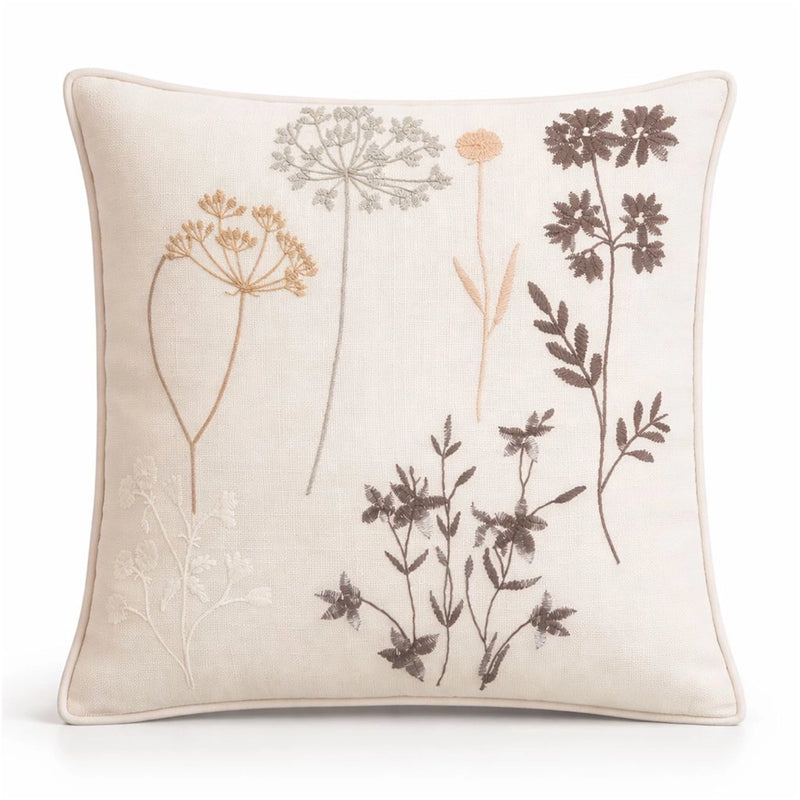 Flora Ekru Gri Çiçek Nakışlı Kırlent Kılıfı