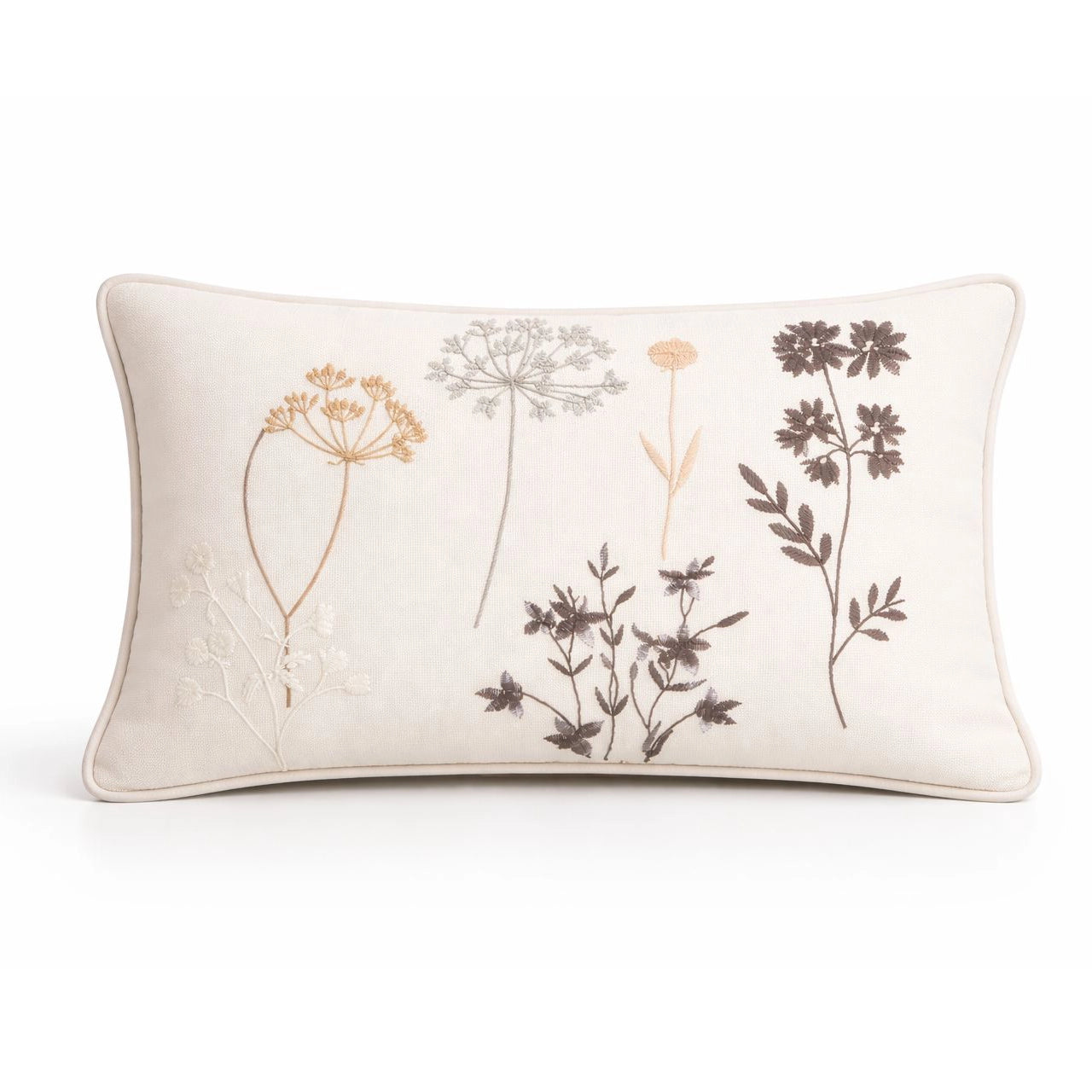 Flora Ekru Gri Çiçek Nakışlı Kırlent Kılıfı