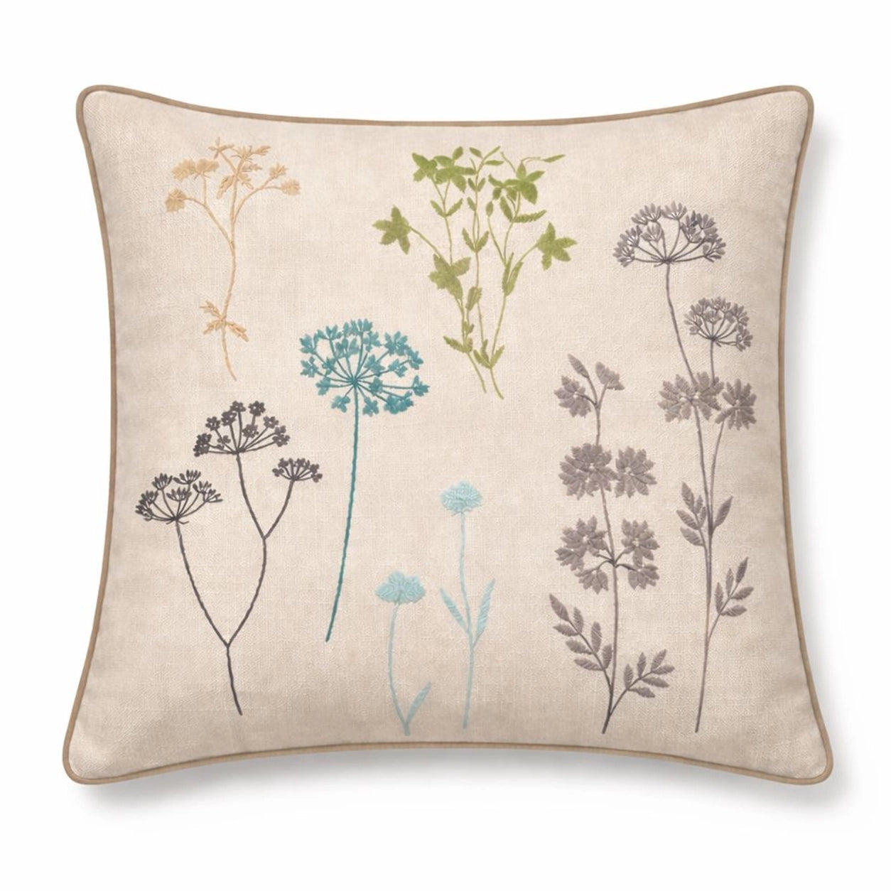 Flora Bej Yeşil Çiçek Nakışlı Kırlent Kılıfı