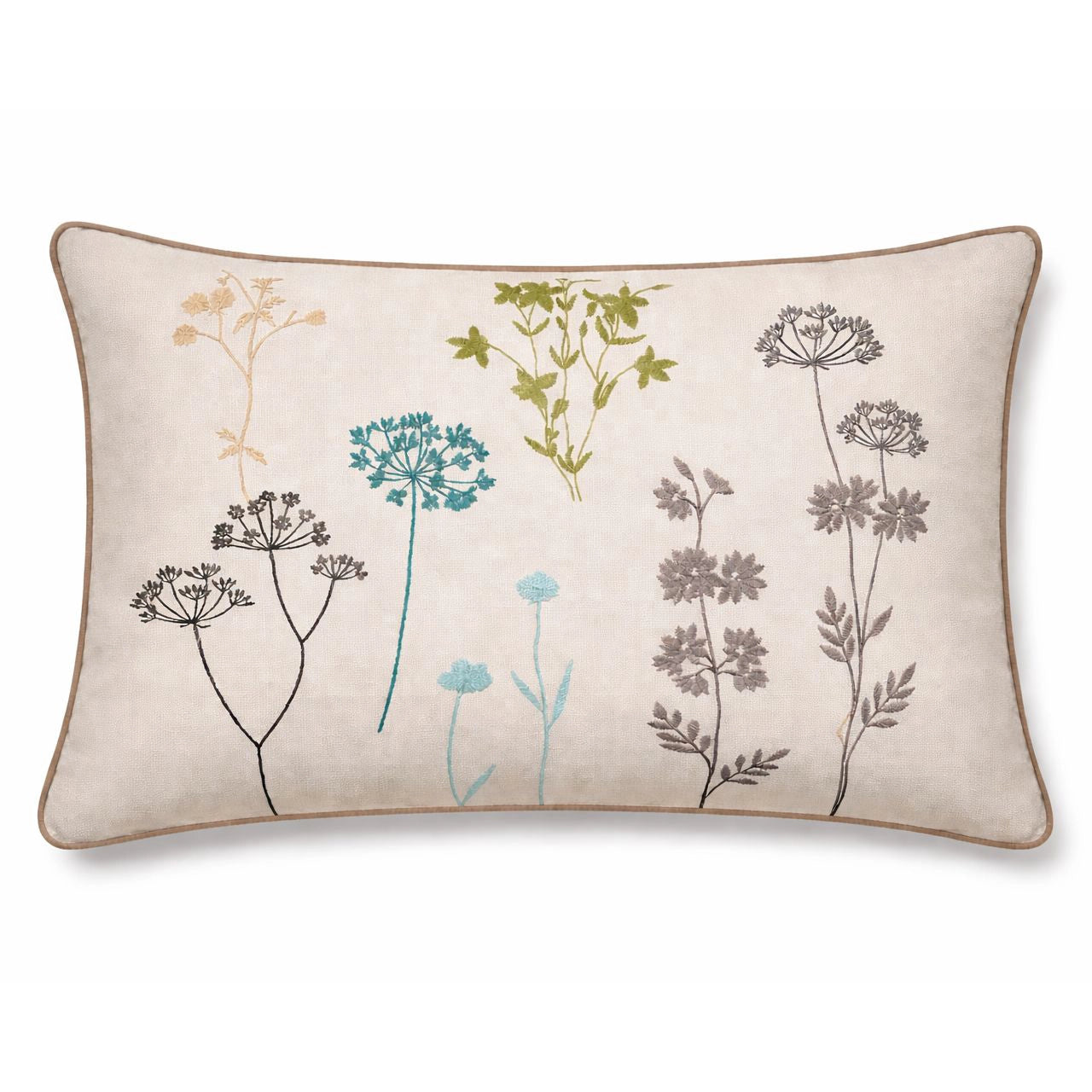 Flora Bej Yeşil Çiçek Nakışlı Kırlent Kılıfı