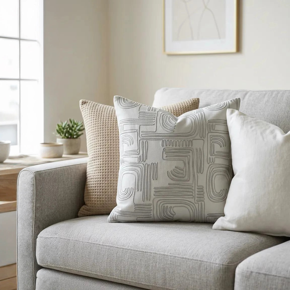 Linea Ekru Gri Çizgili Nakışlı Kırlent Kılıfı