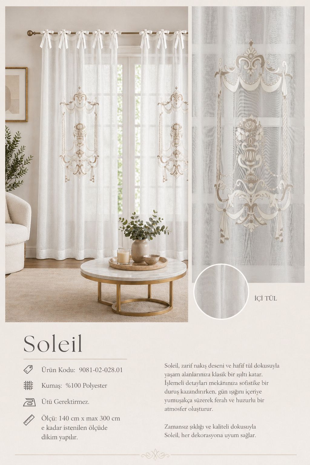 Soleil Nakışlı Tül Perde