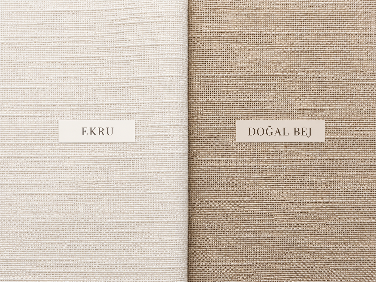 Ekru ve doğal bej kumaş renk karşılaştırması — solda ekru, sağda doğal bej