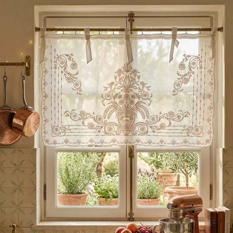 Vase Bej Nakışlı Farbela Mutfak Perdesi