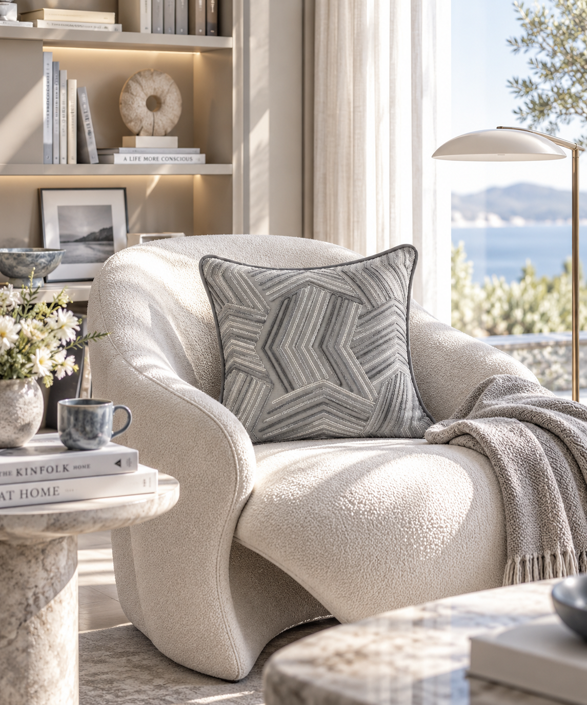 Texture Gri Nakışlı Kırlent Kılıfı