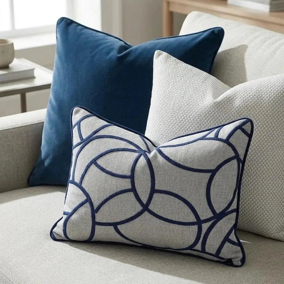 Orbit Gri Lacivert Nakışlı Kırlent Kılıfı