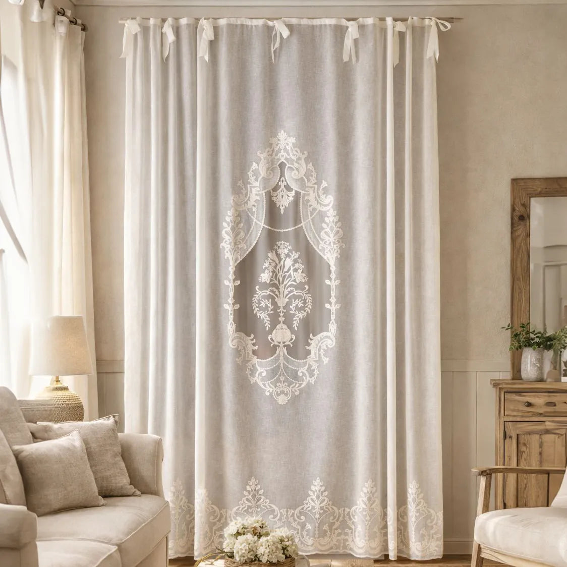 Ornella Bej Nakışlı Tül Perde