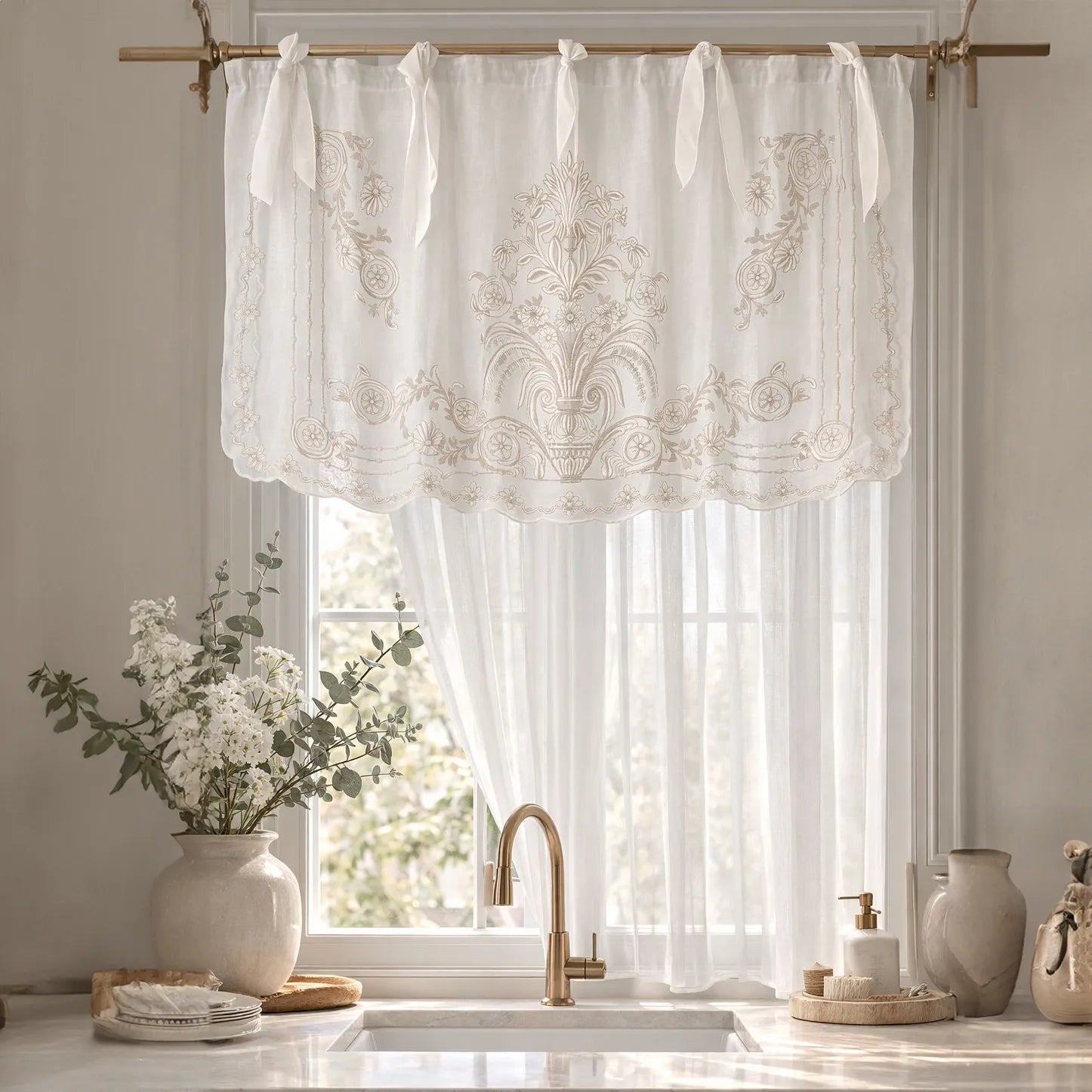 Vase Bej Nakışlı Tül Mutfak Perdesi