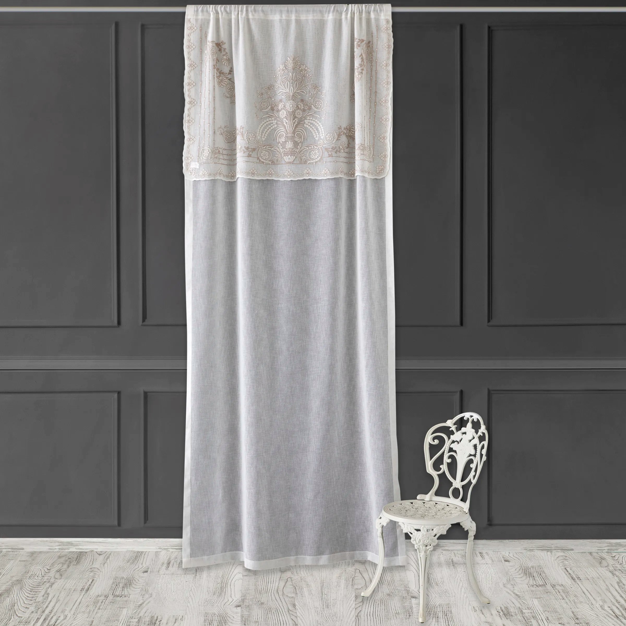 Vase Bej Nakışlı Tül Mutfak Perdesi